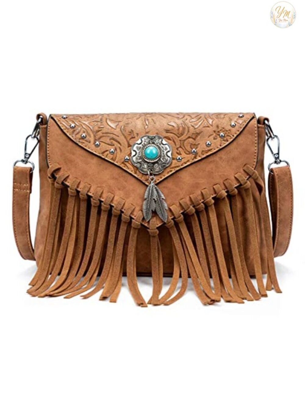 Fringe Crossbody Bag Tassel Shoulder Purse with Turquoise Concho